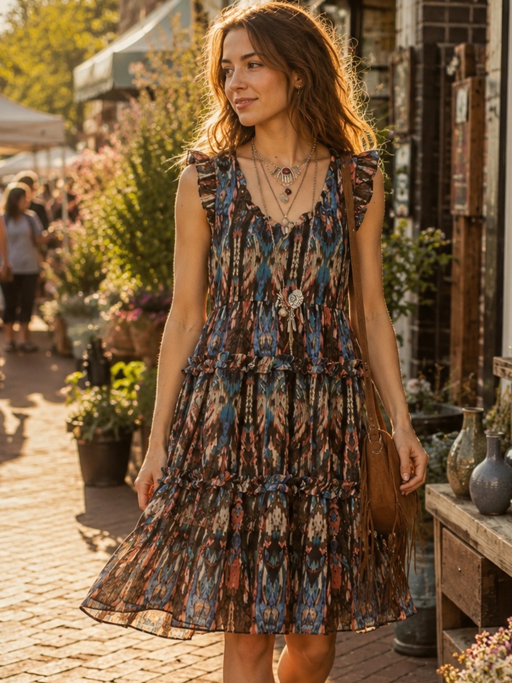 Anthropologie Lili's Closet Sibylline Ikat Tiered Ruffle Dress Womens Small Boho